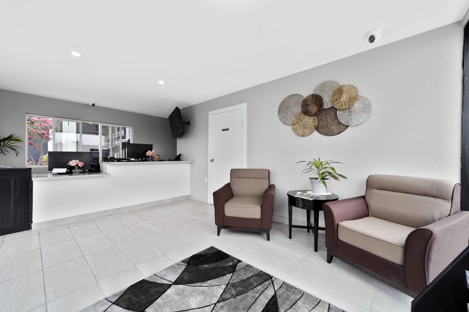 Lobby seating area and front desk